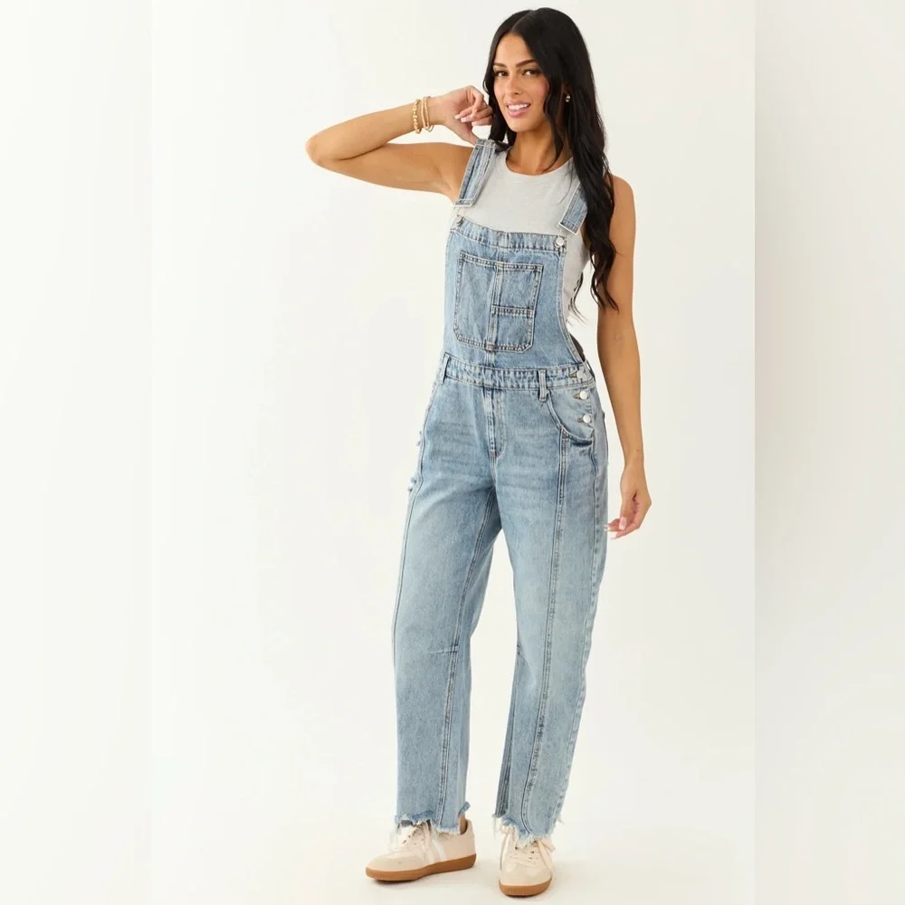 NWT Saige Denim Barrel Horseshoe Light Washed Relaxed Fit Jean Overalls - Picture 4 of 7